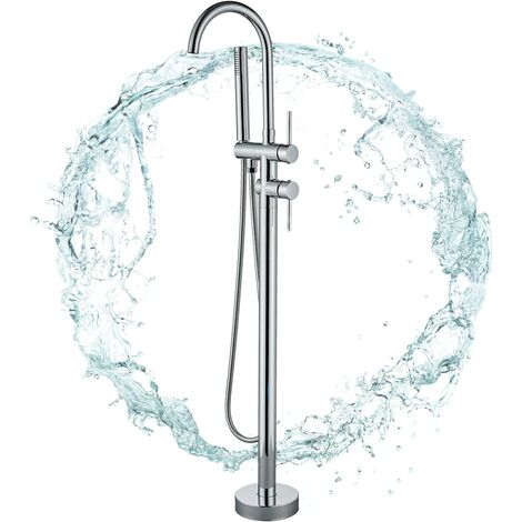 SUGUWORD Free Standing Bathtub Tap Floor Mounting 360° Swivel Spout with Flexible Hand Shower Chrome Finish (1/5)