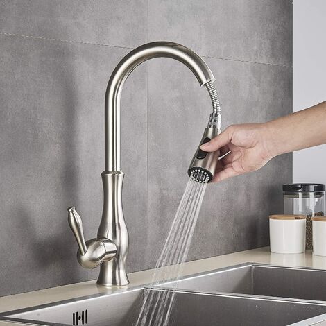 Kitchen Tap with Pull Out Spray Single Handle Solid Brass 360° Swivel Brushed Nickel Mixer Tap