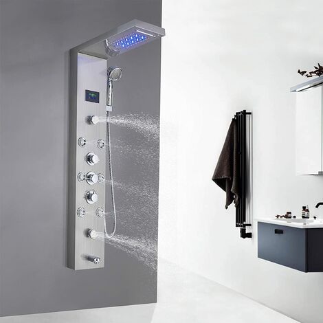 MENATT LED Shower Panel Tower System – 5-in-1 Stainless Steel With Rainfall, Waterfall, Massage Jets, Tub Spout & Handheld Shower, Brushed Finish