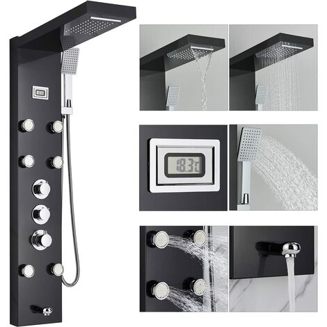 Thermostatic Shower Tower Panel with Temperature Screen 5 Functions Rainfall and Waterfall Shower Head Hand Sprayer Massage Jets Tub Spout Black Stainless Steel Bathroom Shower System