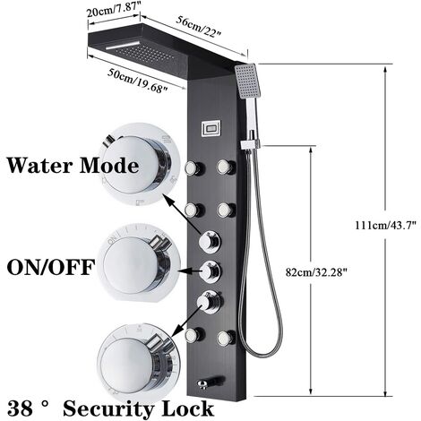 Thermostatic Shower Tower Panel with Temperature Screen 5 Functions Rainfall and Waterfall Shower Head Hand Sprayer Massage Jets Tub Spout Black Stainless Steel Bathroom Shower System