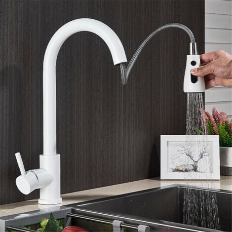 Kitchen Sink Tap Mixer with Pull Out Sprayer, SUS304 Stainless Steel Kitchen Sink Taps, 360°Swivel High Arc 3 Functions Spray White Kitchen Faucet