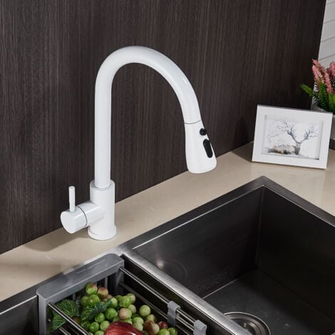 Kitchen Sink Tap Mixer with Pull Out Sprayer, SUS304 Stainless Steel Kitchen Sink Taps, 360°Swivel High Arc 3 Functions Spray White Kitchen Faucet