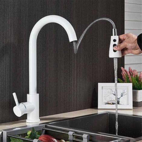 Kitchen Sink Tap Mixer with Pull Out Sprayer, SUS304 Stainless Steel Kitchen Sink Taps, 360°Swivel High Arc 3 Functions Spray White Kitchen Faucet