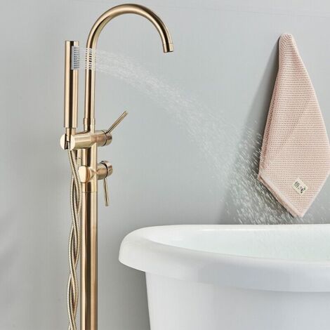 Freestanding Bath Tap Freestanding Shower System Bathtub Faucet Free Standing Bathtub Tap Floor Mounted Faucet Shower Mixer Tap with Shower Head (Brush Gold )
