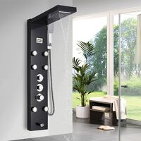 Thermostatic Shower Tower Panel with Temperature Screen 5 Functions Rainfall and Waterfall Shower Head Hand Sprayer Massage Jets Tub Spout Black Stainless Steel Bathroom Shower System