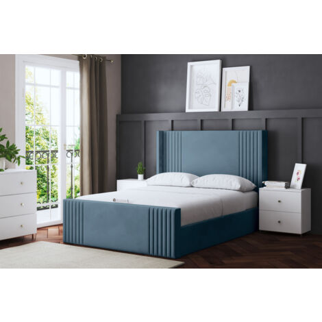 Elara Winged Blue Upholstered Bed Small Single
