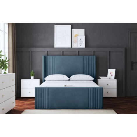 Elara Winged Blue Upholstered Bed Small Single