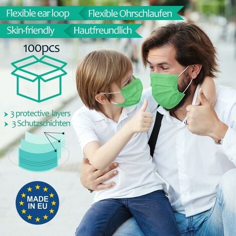 Virshields® Masque Jetable - 100 Pièces, 3 Couches, Respirant, Élastique,  Made in EU, Vert - Masques de