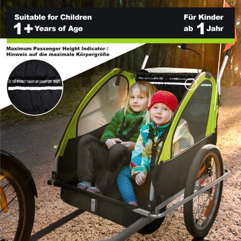 Jago® Remorque Vélo pour Enfants - 2 Places, Pliable, 12+ Mois, Ceinture de  Sécurité 5 Points, Max. 40 kg, Tout-Terrain, Noir-Vert
