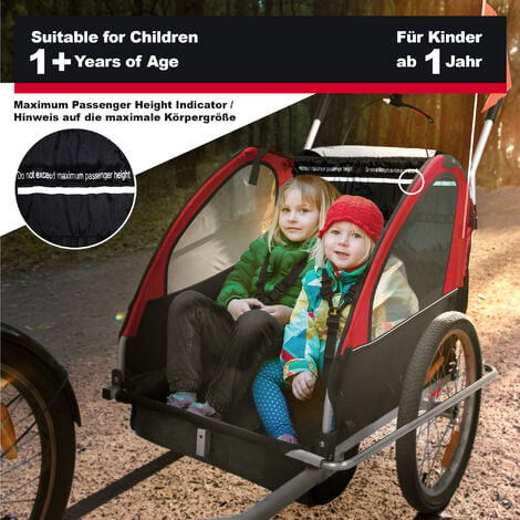 Jago® Remorque Vélo pour Enfants - 2 Places, Pliable, 12+ Mois, Ceinture de  Sécurité 5 Points, Max. 40 kg, Tout-Terrain, Noir-Rouge