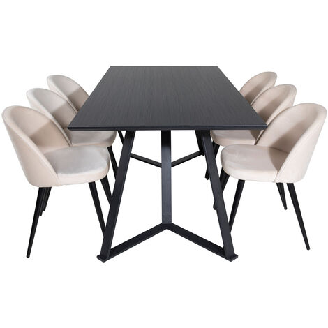 MarinaBLBL ensemble table, table noir et 6 Velvet chaises Velours beige, noir. (1/5)
