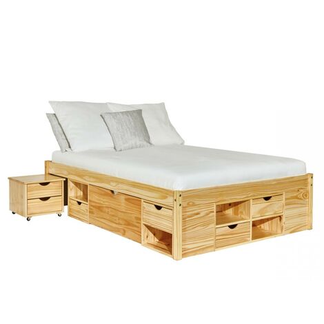 Lit double 140x200 cm avec sommier à lattes – 4 tiroirs de rangement – Structure en bois naturel – Design moderne et fonctionnel – Inter Link (1/5)