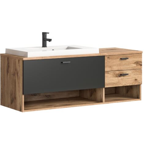 Grado meuble sous lavabo 140cm 3 tiroirs, 2 tablettes chêne décor,mat gris. (1/5)