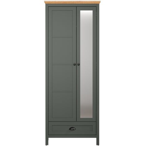 Armoire d'entrée 2 portes 1 tiroir 77x39x198 cm en panneaux de particules mélaminés – Miroir en verre – Vert sapin – Trendteam