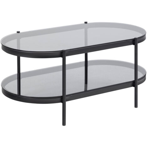 Table basse ovale 2 plateaux 95x50x42 cm en verre trempé fumé et acier (1/5)