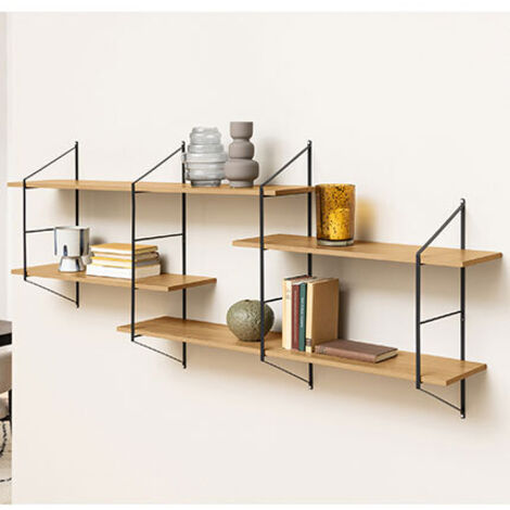 Ebuy24 – Étagère murale Newton 4 tablettes – Bois aggloméré imitation chêne – Supports trapézoïdaux noirs – Fixation murale incluse (1/6)