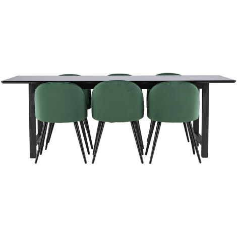 Oslo ensemble pour salle à manger table de salle à manger 100x220cm noir et 6 Skagen chaise velours vert. (1/5)