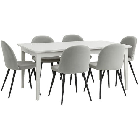 Venedig ensemble pour salle à manger table à manger blanc 95x180/276 avec 2 plateaux supplémentaires 6 chaises velours gris. (1/5)