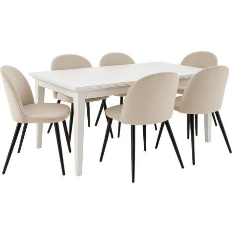 Venedig ensemble pour salle à manger table à manger blanc 95x180/276 avec 2 plateaux supplémentaires 6 chaises velours beige. (1/5)