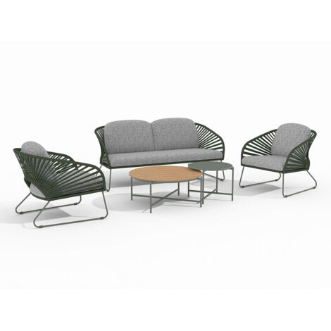 Salon de jardin 4 places en corde gris clair + 2 tables en métal kaki (1/5)