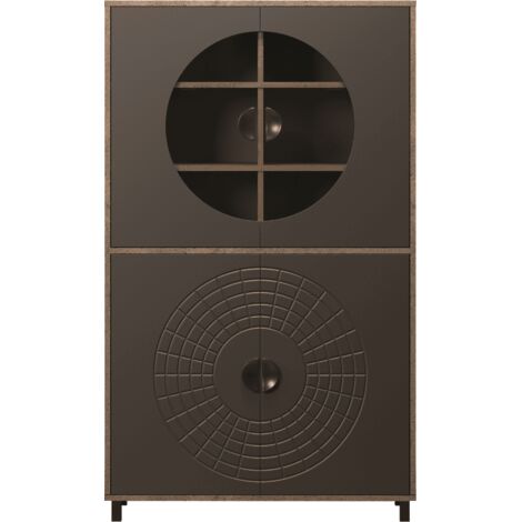 Buffet haut 2 portes 3 tiroirs décor chêne et bronze foncé - VELA (1/5)