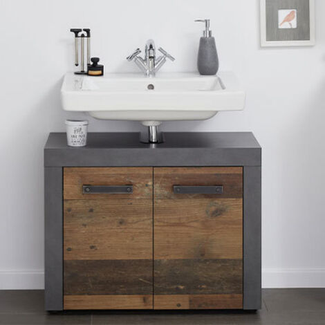 Meuble sous vasque simple 72x34x56 cm – Panneaux de particules résistant à l'humidité – Décor bois vieilli et gris mat – Intérieur spacieux – Trendteam (1/10)