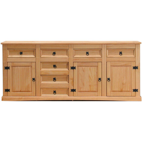 Ebuy24 – Buffet New Mexico 7 tiroirs 3 portes – Largeur 200 cm – Hauteur 84 cm – Pin massif délavé/ciré – Style antique (1/5)