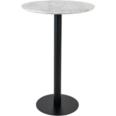 Bolzano Table de bar, Ø70 cm, aspect marbre, pieds noirs, blanc.