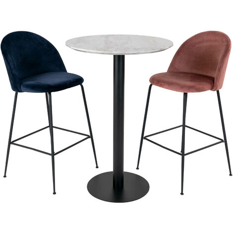 Bolzano Table de bar, Ø70 cm, aspect marbre, pieds noirs, blanc.