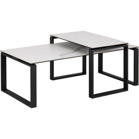 Lot de 2 tables basses 115 et 69 cm en céramique blanche et métal (1/5)