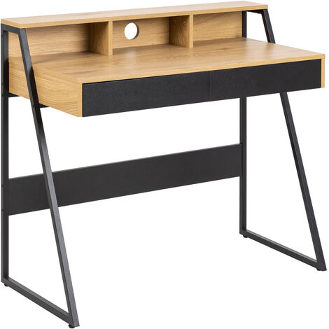 Reece Bureau 3 espaces de rangement, 2 tiroirs, teinte naturelle, noir.