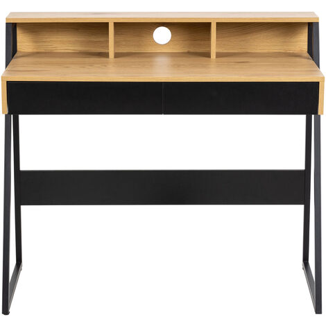 Reece Bureau 3 espaces de rangement, 2 tiroirs, teinte naturelle, noir.