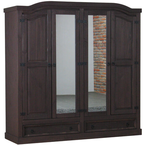 New Mexico Armoire 4 portes avec 2 portes miroir, 2 portes pleines et 2 tiroirs, largeur 194 cm, hauteur 193 cm, finition style colonial. (1/5)