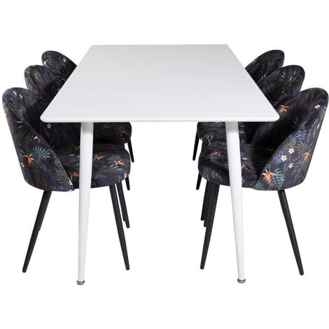 Ensemble repas table 180 cm blanche avec 6 chaises noires