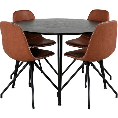 DippØ115BLBL ensemble table, table noir et 4 Polar chaises Similicuir PU marron. (1/5)