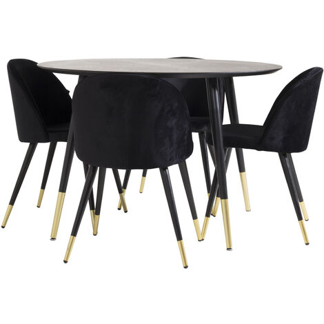 DippØ115BLBR ensemble table, table noir et 4 Velvet chaises Velours noir, laiton décor. (1/5)