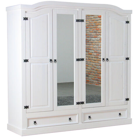 New Mexico Armoire 4 portes avec 2 portes miroir, 2 portes pleines et 2 tiroirs, largeur 194 cm, hauteur 193 cm, blanc/ciré. (1/5)