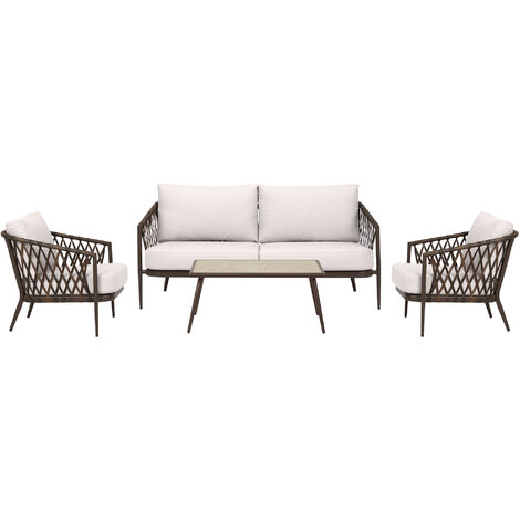 Harvey Salon de jardin 4 pièces, coussin et supports d'assise marron inclus, naturel. (1/5)