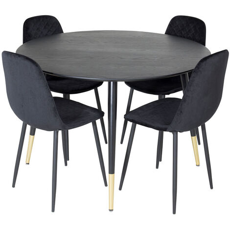 DippØ115BLBR ensemble table, table noir et 4 Polar Diamond chaises Velours noir. (1/5)