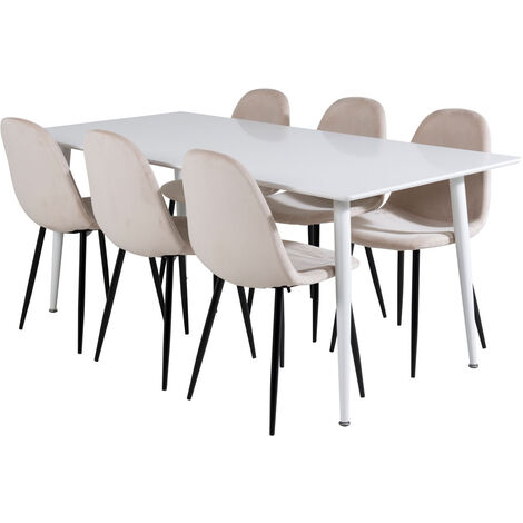 Polar180X90WHWH ensemble table, table blanc et 6 Polar chaises Velours beige. (1/5)