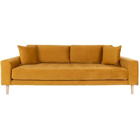 Lido Canapé 3 pers. en velours, 2 coussins décoratifs inclus, jaune moutarde. (1/4)