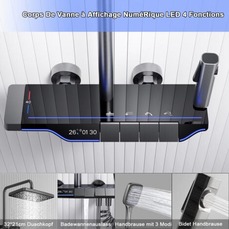 Colonne de douche avec mitigeur thermostatique, Systeme de Douche Piano avec 30x20cm douche de tête et Douchette, Ensemble de Douche Réglable en Hauteur pour Salle de Bain, Gris
