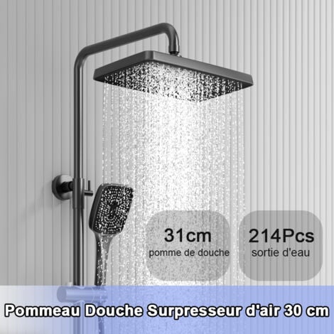 Colonne de douche avec mitigeur thermostatique, Systeme de Douche Piano avec 30x20cm douche de tête et Douchette, Ensemble de Douche Réglable en Hauteur pour Salle de Bain, Gris