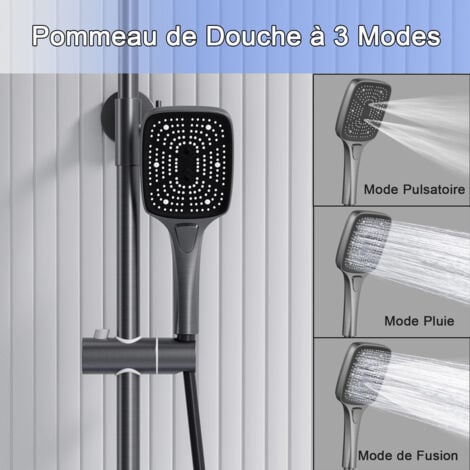 Colonne de douche avec mitigeur thermostatique, Systeme de Douche Piano avec 30x20cm douche de tête et Douchette, Ensemble de Douche Réglable en Hauteur pour Salle de Bain, Gris