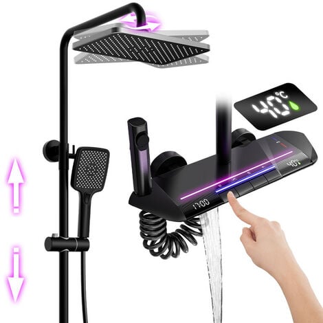 Colonne de Douche Thermostatique Mitigeur en Laiton Systeme de Douche Affichage Numérique LED Ensemble de Douche Pommeau De Douche, Douchette, Bidet Douche, Robinet De Baignoire Mural, Noir