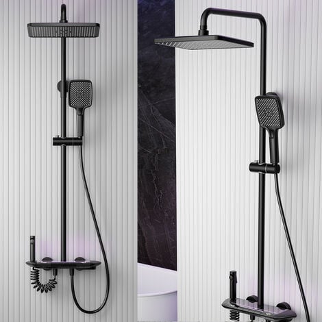 Colonne de Douche Thermostatique Mitigeur en Laiton Systeme de Douche Affichage Numérique LED Ensemble de Douche Pommeau De Douche, Douchette, Bidet Douche, Robinet De Baignoire Mural, Noir
