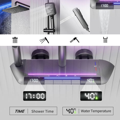 Colonne de Douche Gris Thermostatique Mitigeur en Laiton Systeme de Douche Affichage Numérique LED Ensemble de Douche Pommeau De Douche, Douchette, Bidet Douche, Robinet De Baignoire Mural, Gris