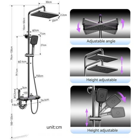 Colonne de Douche Gris Thermostatique Mitigeur en Laiton Systeme de Douche Affichage Numérique LED Ensemble de Douche Pommeau De Douche, Douchette, Bidet Douche, Robinet De Baignoire Mural, Gris