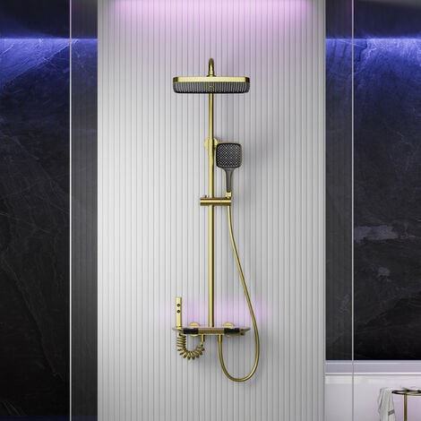 Colonne de Douche Thermostatique Mitigeur en Laiton Systeme de Douche Affichage Numérique LED Ensemble de Douche Pommeau De Douche, Douchette, Bidet Douche, Robinet De Baignoire Mural, Or brossé